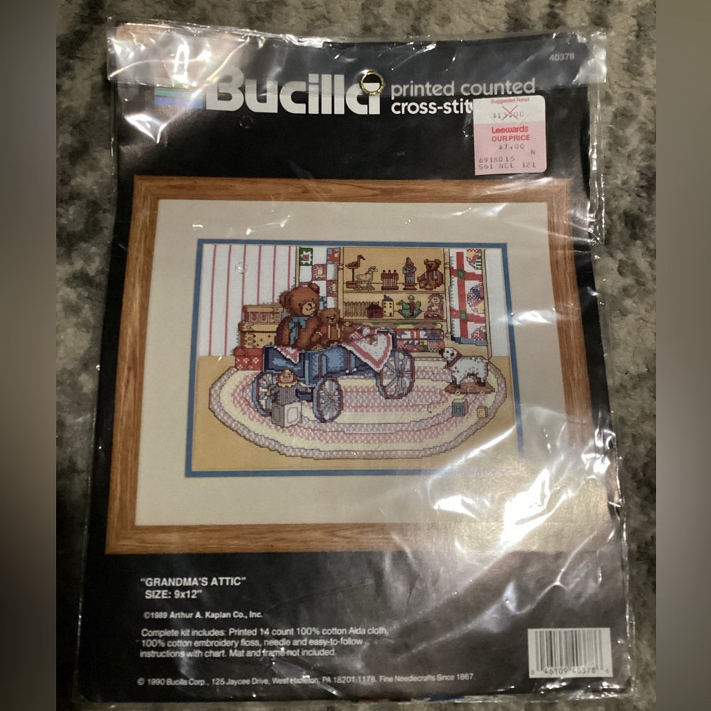 Vintage Bucilla Printed Counted Cross Stitch Kit, “Grandma’s Attic” 9x12 NOS